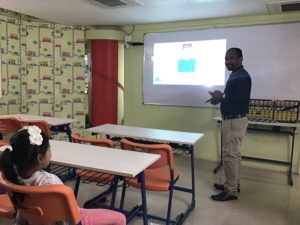 Taking a class with the help of a video to teach Japanese